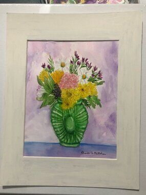 Lovely Bouquet in Green Vase Watercolor Painting